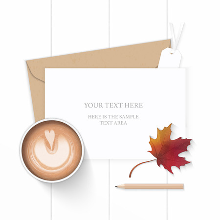 Flat lay top view elegant white composition letter kraft paper envelope pencil autumn maple leaf coffee and tag on wooden background.のイラスト素材