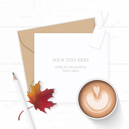 Flat lay top view elegant white composition letter kraft paper envelope pencil tag autumn maple leaf and coffee on wooden background.のイラスト素材