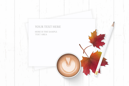 Flat lay top view elegant white composition paper autumn maple leaf coffee and pencil on wooden background.のイラスト素材