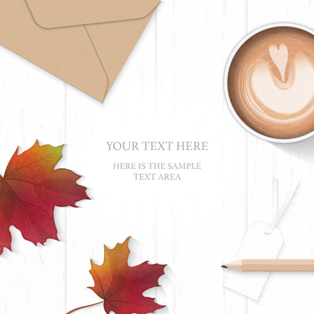 Flat lay top view elegant white composition paper leaf kraft envelope pencil tag and coffee autumn maple leaf on wooden background.のイラスト素材