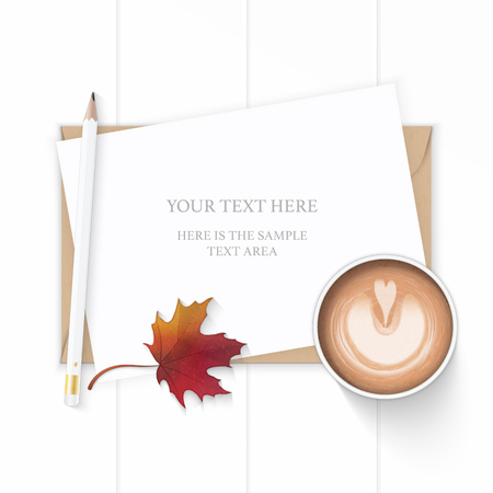 Flat lay top view elegant white composition paper kraft envelope pencil coffee and autumn maple leaf on wooden background.のイラスト素材