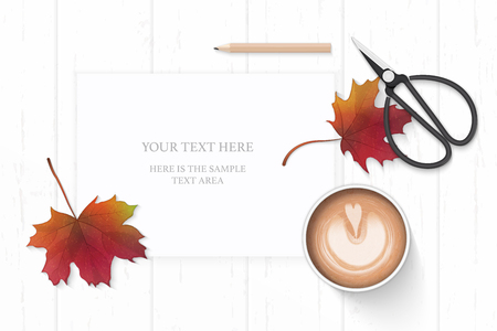 Flat lay top view elegant white composition yellow pencil coffee autumn maple leaf and metal scissors on wooden background.のイラスト素材