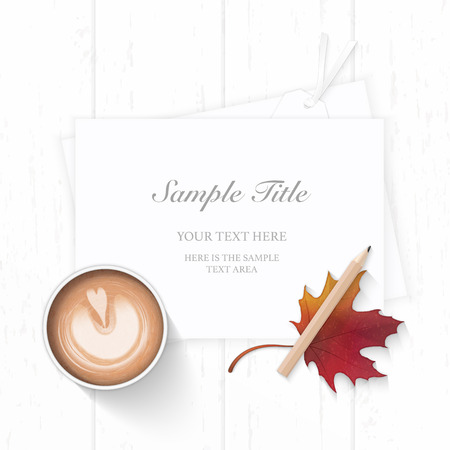 Flat lay top view elegant white Christmas composition paper pine cone pencil autumn maple leaf tag and coffee on wooden background.のイラスト素材