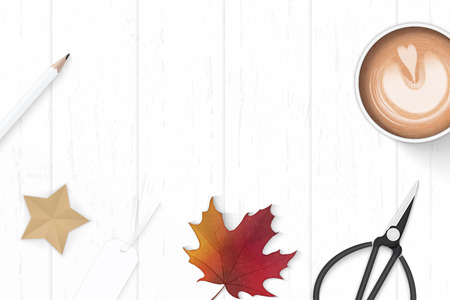 Flat lay top view elegant white composition paper coffee pencil star craft autumn maple leaf tag and metal scissors on wooden background.のイラスト素材