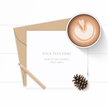 Flat lay top view elegant white composition letter kraft paper envelope pencil pine cone and coffee on wooden background.のイラスト素材