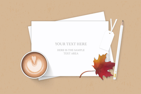 Flat lay top view elegant white composition paper pencil eraser tag autumn maple leaf and coffee on kraft background.のイラスト素材