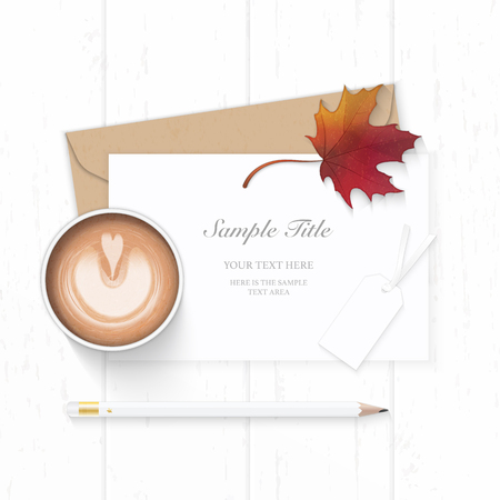 Flat lay top view elegant white composition letter kraft paper envelope autumn maple leaf pencil and coffee on wooden background.のイラスト素材
