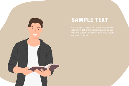 Cartoon people character design banner template handsome guy reading book with smiling face. Ideal for both print and web design.のイラスト素材