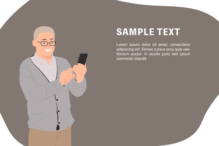 Cartoon people character design banner template senior old man looking at smart phone happily. Ideal for both print and web design.のイラスト素材