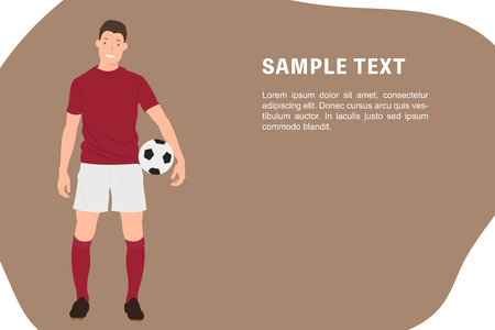 Cartoon people character design banner template a soccer player holding a football in red sportswear. Ideal for both print and web design.のイラスト素材