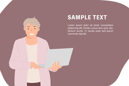Cartoon people character design banner template senior woman holding a laptop computer. Ideal for both print and web design.のイラスト素材