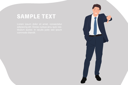 Cartoon people character design banner template handsome young businessman showing thumb down sign with smiling face. Ideal for both print and web design.のイラスト素材
