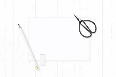 Flat lay top view elegant white composition paper, pencil, eraser and vintage metal scissors on wooden background.の写真素材