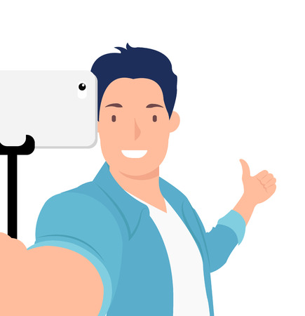 Cartoon people character design handsome young man taking selfie photos with thumb up. Ideal for both print and web design.のイラスト素材