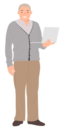 Cartoon people character design senior man standing and holding a laptop with smiling face. Ideal for both print and web design.のイラスト素材