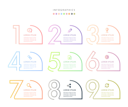 Infographic design UI template colorful gradient 9 number labels and icons. Ideal for business concept presentation banner workflow layout and process diagram.のイラスト素材