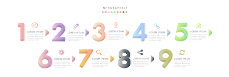 Vector infographic design UI template colorful gradient 9 3D number labels and icons. Ideal for business concept presentation banner workflow layout and process diagram.のイラスト素材