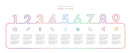 Vector infographic design UI template colorful gradient 9 number labels and icons. Ideal for business concept presentation banner workflow layout and process diagram.のイラスト素材