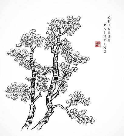 Watercolor ink paint art vector texture illustration Chinese parasol tree. Translation for the Chinese word : Blessingのイラスト素材