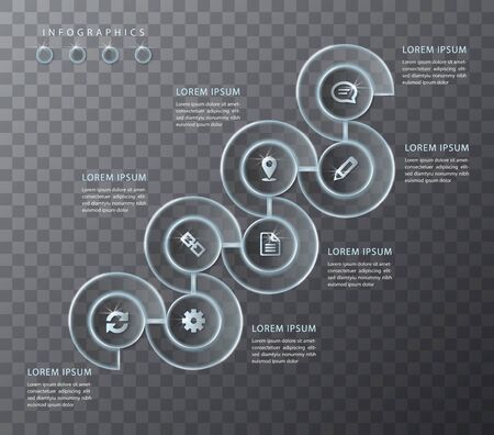 Vector infographic design UI template transparent glass round spiral frame labels and icons. Ideal for business concept presentation banner workflow layout and process diagram.のイラスト素材