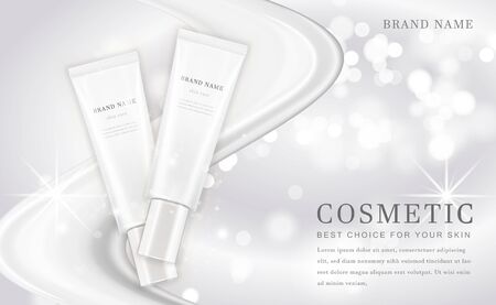 Vector 3D cosmetic make up illustration product bottle with elegant white shiny backgroundのイラスト素材