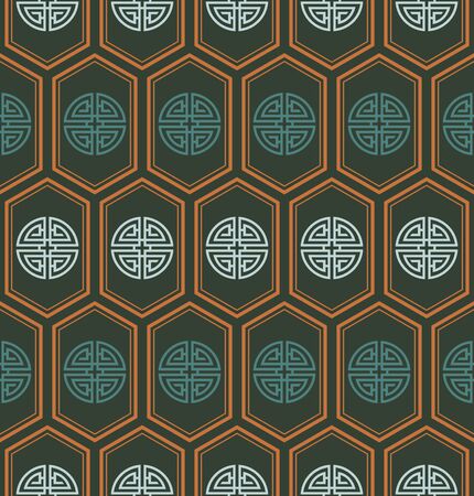 Retro vintage Chinese traditional pattern seamless background polygon geometry cross frame line and round spiral chainのイラスト素材