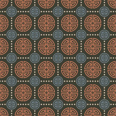 Retro vintage Chinese traditional pattern seamless background round spiral chain geometry cross tracery frame dot lineのイラスト素材