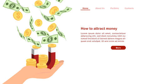 Website landing page template cartoon how to attract money concept finanacial currency bill golden coin and magnetのイラスト素材