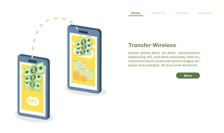 Website landing page template cartoon transfer money wireless with mobile phonesのイラスト素材