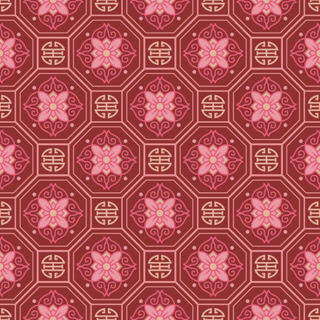 Retro vintage Chinese traditional pattern seamless background polygon geometry tracery frame chain flowerのイラスト素材