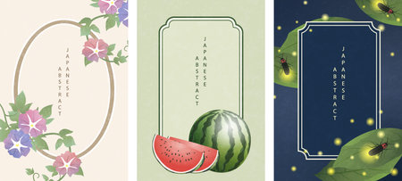 Oriental Japanese style abstract pattern background frame design summer nature objects morning glory flower watermelon and glowworm fireflyのイラスト素材