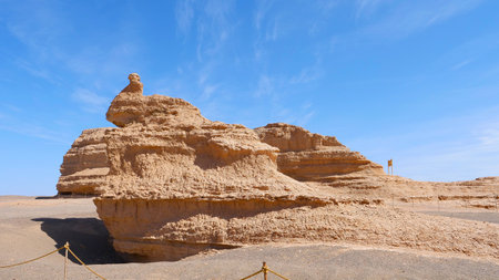 Nature landscape view of Yardang landform under sunny blue sky in Dunhuang Global Geopark, Gansu...