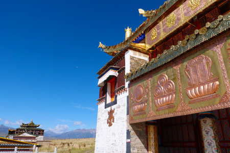 Golden Summit Tibetan Buddhist monastery Arou Da Temple in Qinghai China.