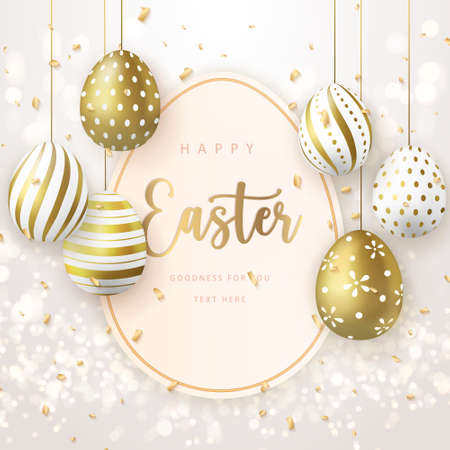 Happy Easter banner template with golden luxury Easter eggs tag cardのイラスト素材