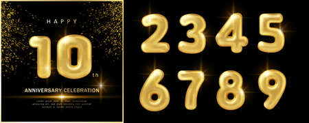 Happy year anniversary celebration luxury golden balloon number decoration with black dark backgroundのイラスト素材