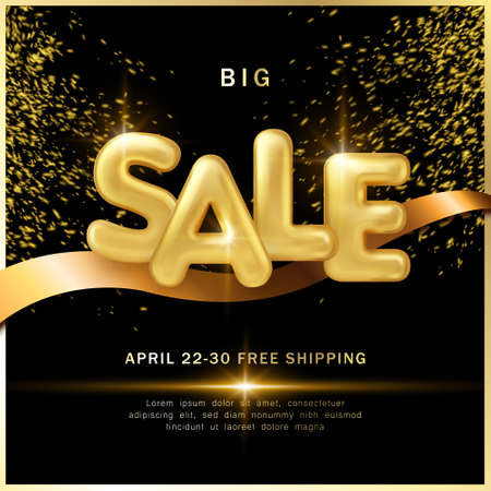 Big sale promotion marketing template luxury golden balloon text and ribbon decoration with black dark backgroundのイラスト素材