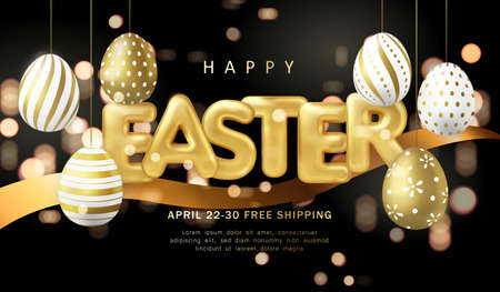 Happy Easter banner template golden luxury Easter eggs ribbon and ballon title letter with dark background shinny bokehのイラスト素材