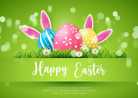 Happy Easter banner template with Easter eggs and green grass daisy flower rabbit earのイラスト素材