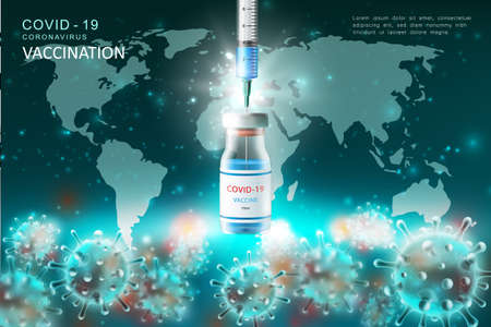 Realistic injection vaccine syringes for Coronavirus COVID-19 global epidemic flu disease world map background image 3D virusのイラスト素材