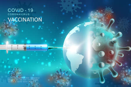 Realistic injection vaccine syringes for Coronavirus COVID-19 global epidemic flu disease background image 3D virus and earthのイラスト素材