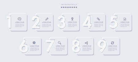 Vector elegant simple refined style infographic design UI template 9 number labels and icons. Ideal for business concept presentation banner workflow layout and process diagram.のイラスト素材