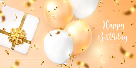 3D realistic elegant yellow orange ballon and present gift box with golden flower ribbon Happy Birthday celebration card banner templateのイラスト素材