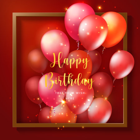 Elegant 3D realistic golden white ballon and square frame party popper ribbon Happy Birthday celebration card bannerのイラスト素材