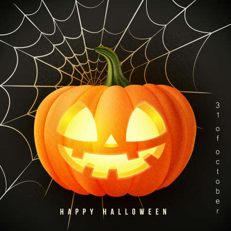 Happy halloween 3D realistic scary jack lantern and spider webのイラスト素材