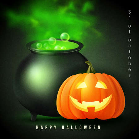 Happy halloween 3D realistic scary jack lantern and witch magic metal pot with green poison liquidのイラスト素材