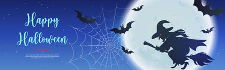 Happy halloween witch riding on a broomstick with full moon backgroundのイラスト素材