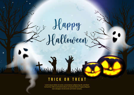 Happy halloween scary jack lantern spirit ghost with full moon night graveyard backgroundのイラスト素材