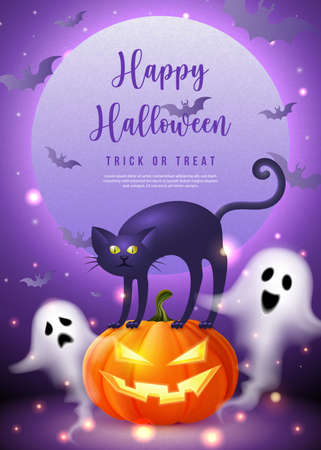 Happy halloween 3D realistic scary jack lantern black cat spirit ghost with purple tone full moon backgroundのイラスト素材