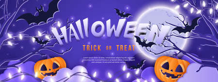 Happy halloween purple tone full moon night background pumpking lantern bat and lighting chainのイラスト素材