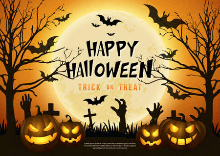 Happy halloween scary jack lantern with full moon graveyard backgroundのイラスト素材